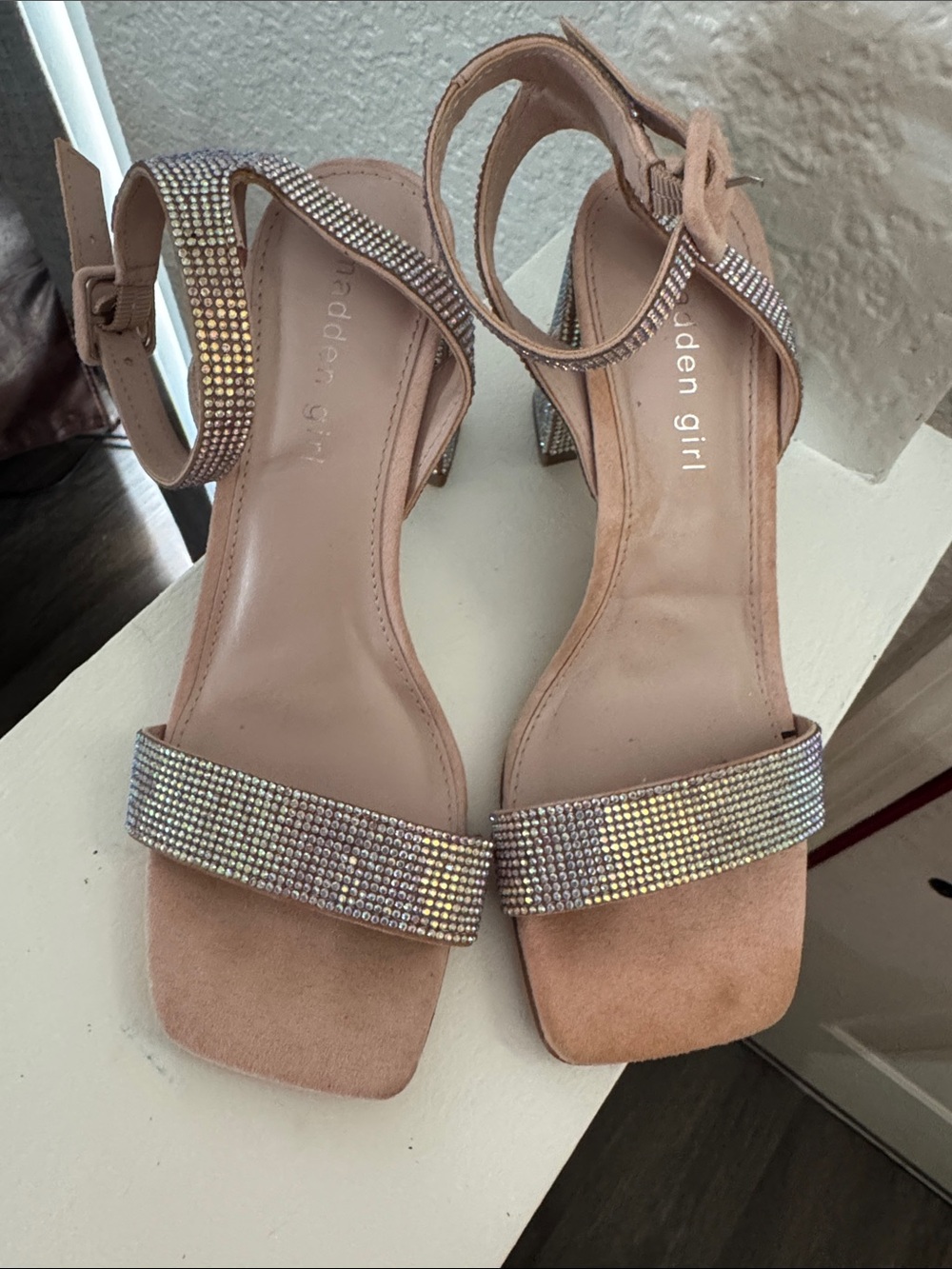 Madden Girl Blush Rhinestone Strap Block Heels